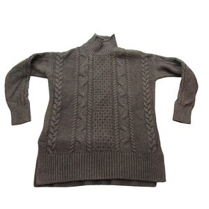 Loft Womens Small Olive Green Cable Knit Mock Neck Sweater Side Slit Relaxed